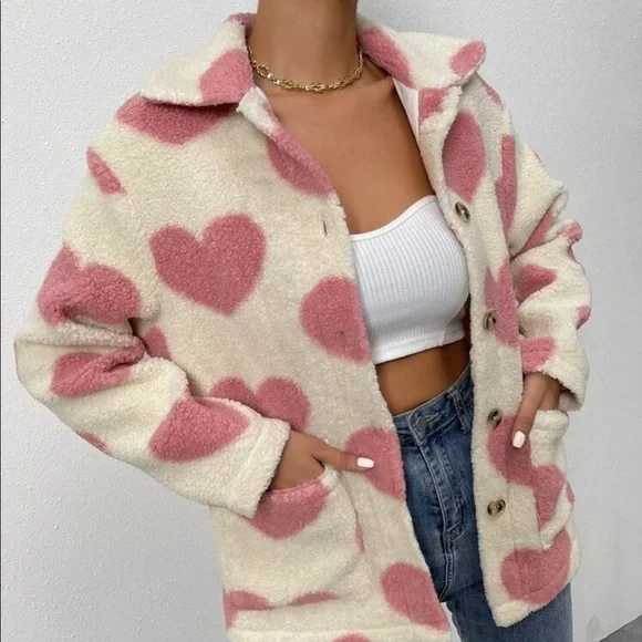 Teddy coat Sherpa jacket heart cream pink fuzzy warm collar winter - Picture 6 of 8